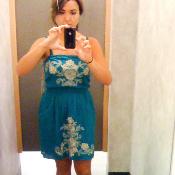 Billabong Dresses & Skirts - billabong strapless teal dress floral embroidery